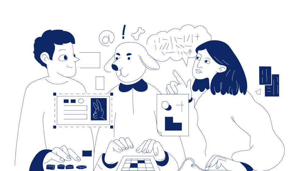 Drawing Of Three Characters Discussing A Project