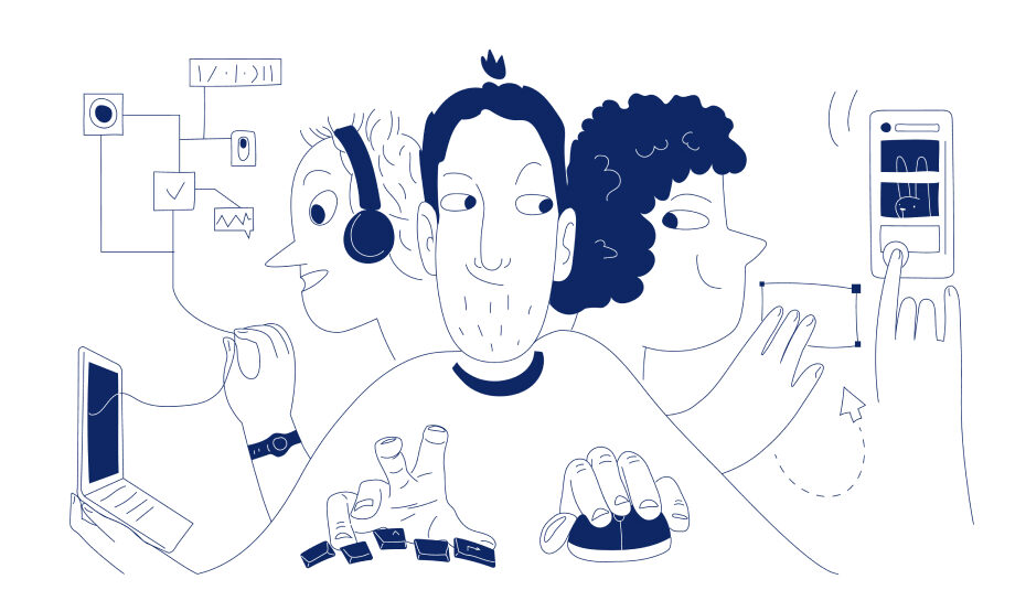 Drawing Of Three People Using Different Technological Devices.