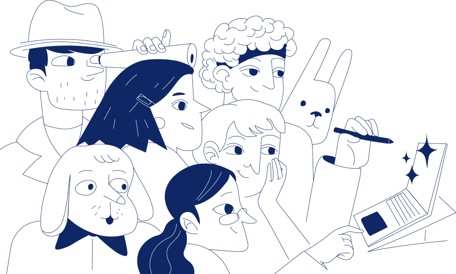 Line Drawing Of Seven Characters Looking With Interest At A Laptop Screen.